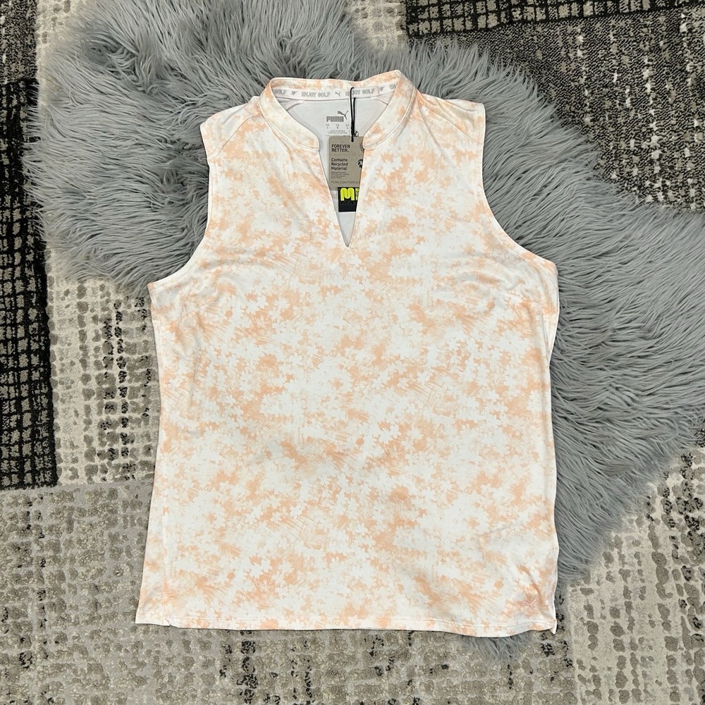 Puma Women Sleeveless Polo Floral V-neck Golf Shirt Peach 537491-01 NWT Large‎